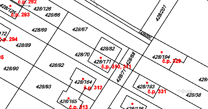 Rebešovice 310,311 na parcele st. 428/82 v KÚ Rebešovice, Katastrální mapa