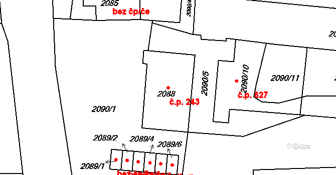 Rájec 243, Rájec-Jestřebí na parcele st. 2088 v KÚ Rájec nad Svitavou, Katastrální mapa