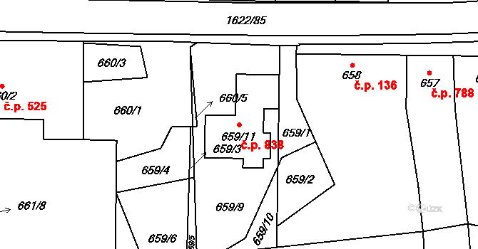 Drnovice 838 na parcele st. 659/11 v KÚ Drnovice u Vyškova, Katastrální mapa