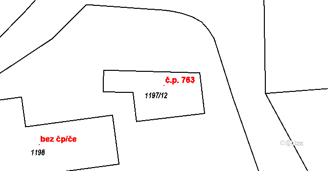 Vinařice 763 na parcele st. 1197/12 v KÚ Vinařice u Kladna, Katastrální mapa