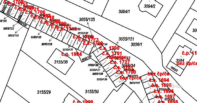 Děčín VI-Letná 1790, Děčín na parcele st. 3055/135 v KÚ Podmokly, Katastrální mapa