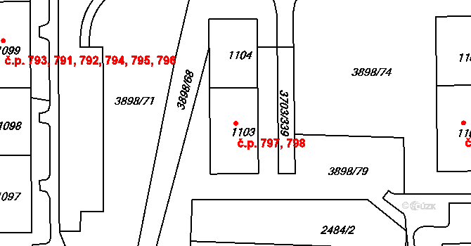 Dobřany 797,798 na parcele st. 1103 v KÚ Dobřany, Katastrální mapa