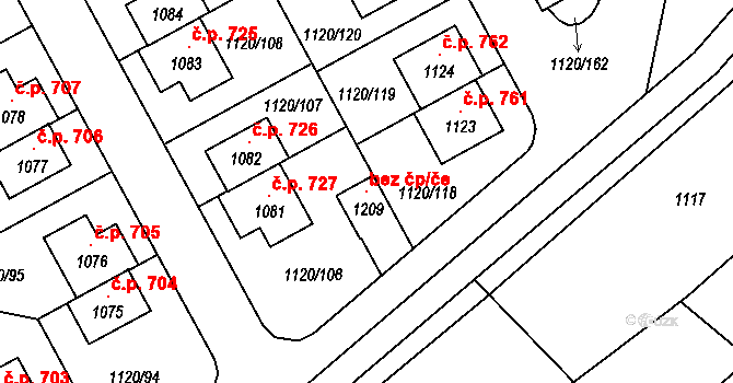 Zlín 107232243 na parcele st. 1209 v KÚ Kudlov, Katastrální mapa