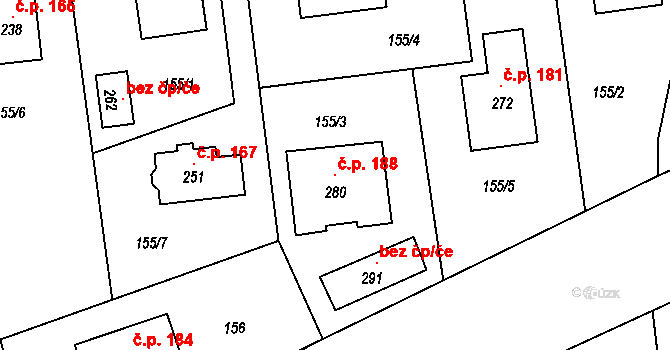 Borek 188, Rokycany na parcele st. 280 v KÚ Borek u Rokycan, Katastrální mapa
