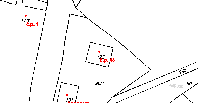 Křížkový Újezdec 43 na parcele st. 125 v KÚ Křížkový Újezdec, Katastrální mapa