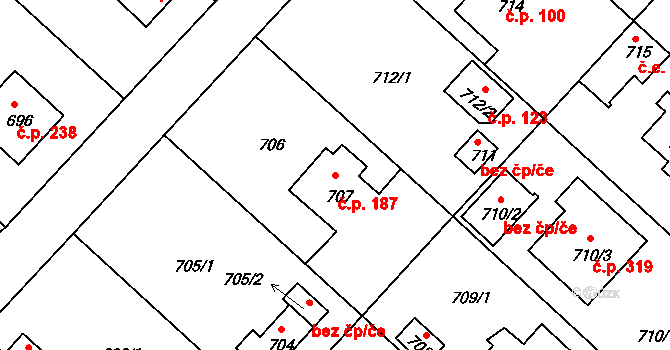 Strkov 187, Planá nad Lužnicí na parcele st. 707 v KÚ Planá nad Lužnicí, Katastrální mapa