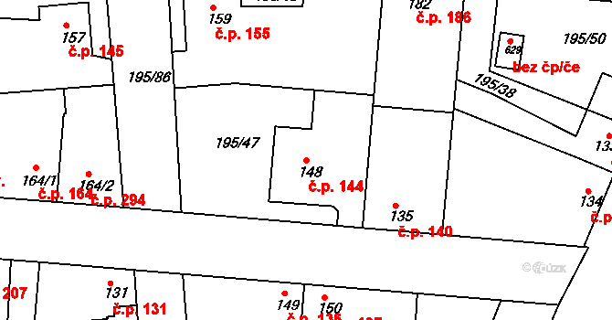Dobroměřice 144 na parcele st. 148 v KÚ Dobroměřice, Katastrální mapa