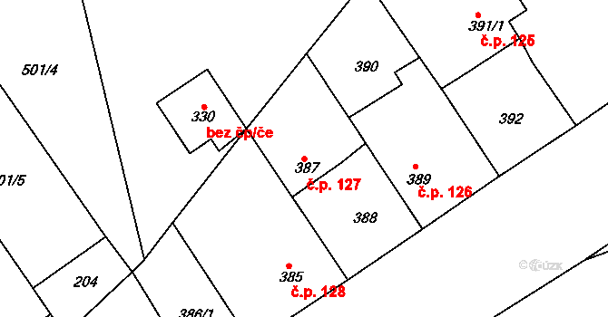Hudcov 127, Teplice na parcele st. 387 v KÚ Hudcov, Katastrální mapa
