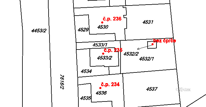 Lískovec 235, Frýdek-Místek na parcele st. 4533/2 v KÚ Lískovec u Frýdku-Místku, Katastrální mapa