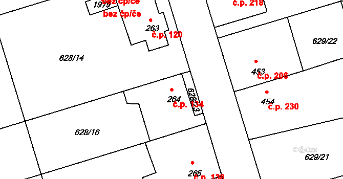 Šestajovice 134 na parcele st. 264 v KÚ Šestajovice u Prahy, Katastrální mapa