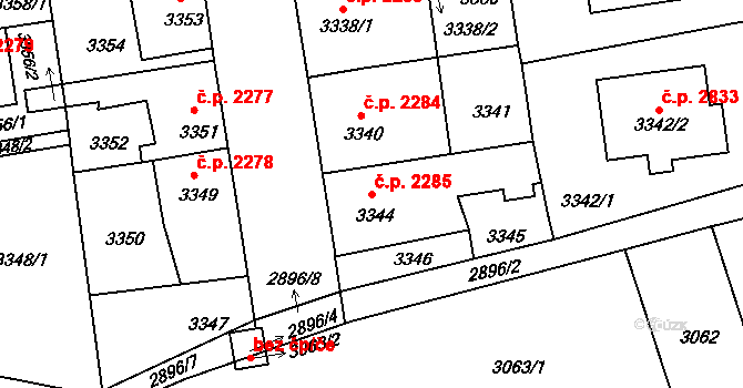 Žižkov 2285, Praha na parcele st. 3344 v KÚ Žižkov, Katastrální mapa