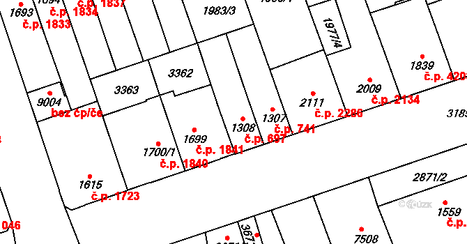 Hodonín 697 na parcele st. 1308 v KÚ Hodonín, Katastrální mapa