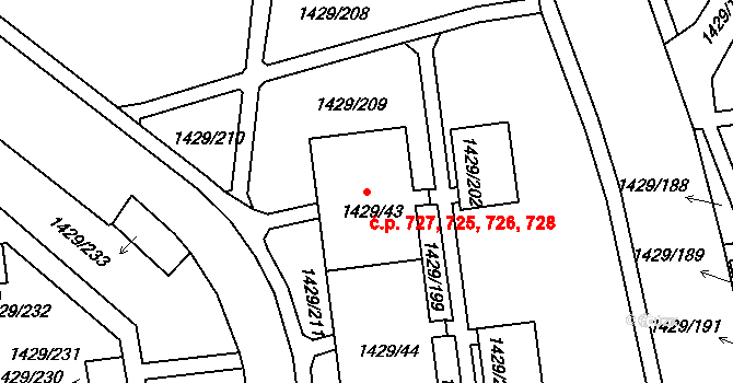 Liberec VI-Rochlice 725,726,727,728, Liberec na parcele st. 1429/45 v KÚ Rochlice u Liberce, Katastrální mapa