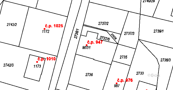 Rosice 947 na parcele st. 907/1 v KÚ Rosice u Brna, Katastrální mapa