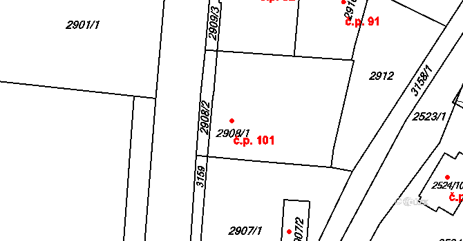Bolevec 101, Plzeň na parcele st. 2908/1 v KÚ Bolevec, Katastrální mapa