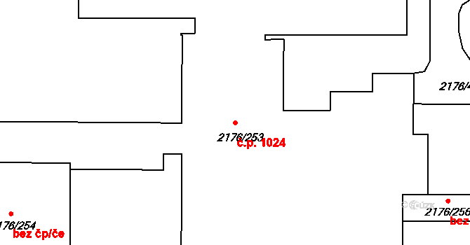 Skvrňany 1024, Plzeň na parcele st. 2176/253 v KÚ Skvrňany, Katastrální mapa