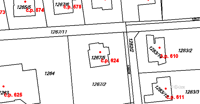 Prostřední Suchá 624, Havířov na parcele st. 1267/5 v KÚ Prostřední Suchá, Katastrální mapa