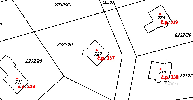 Horní Lideč 337 na parcele st. 727 v KÚ Horní Lideč, Katastrální mapa