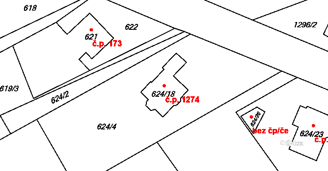 Ráj 1274, Karviná na parcele st. 624/18 v KÚ Ráj, Katastrální mapa