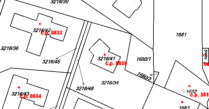 Chomutov 5635 na parcele st. 3216/41 v KÚ Chomutov II, Katastrální mapa