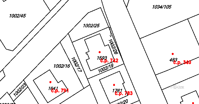 Votice 742 na parcele st. 1593 v KÚ Votice, Katastrální mapa