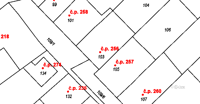 Kobeřice u Brna 256 na parcele st. 103 v KÚ Kobeřice u Brna, Katastrální mapa