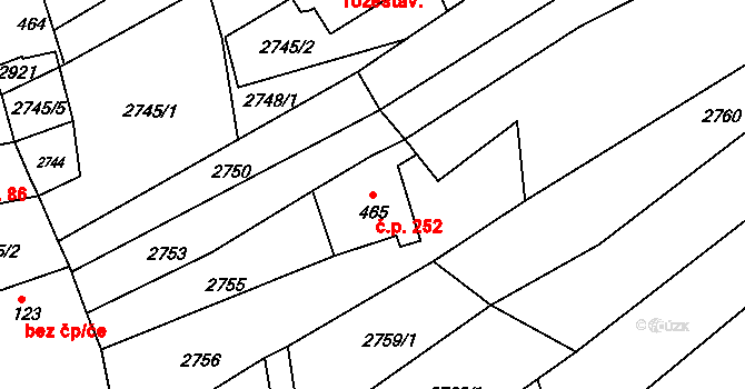 Břestek 252 na parcele st. 465 v KÚ Břestek, Katastrální mapa