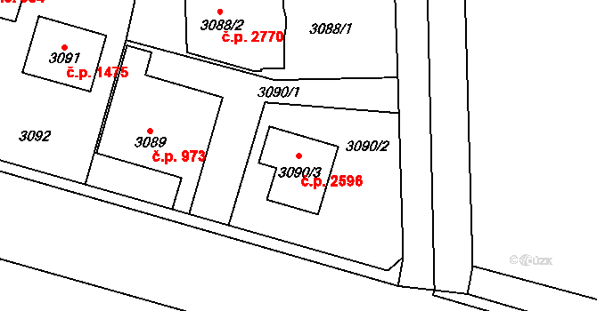 Újezd nad Lesy 2596, Praha na parcele st. 3090/3 v KÚ Újezd nad Lesy, Katastrální mapa