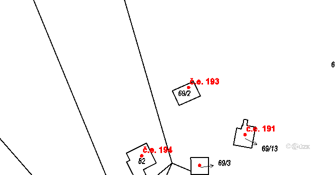 Křižanovice 193 na parcele st. 69/2 v KÚ Křižanovice, Katastrální mapa