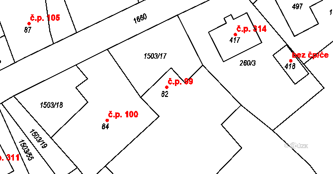 Rosice 99 na parcele st. 82 v KÚ Rosice u Chrasti, Katastrální mapa