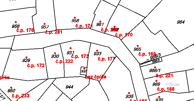 Drnovice 177 na parcele st. 933 v KÚ Drnovice u Vyškova, Katastrální mapa