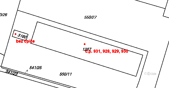 Milevsko 928,929,930,931 na parcele st. 1287 v KÚ Milevsko, Katastrální mapa