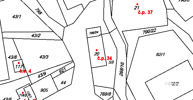Vlkanov 34 na parcele st. 20 v KÚ Vlkanov u Nového Kramolína, Katastrální mapa
