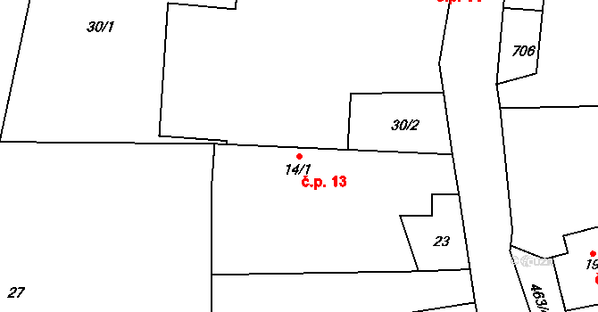 Hořenec 13, Libčeves na parcele st. 14/1 v KÚ Hořenec, Katastrální mapa