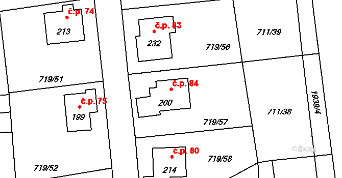 Horušany 84, Soběkury na parcele st. 200 v KÚ Horušany, Katastrální mapa
