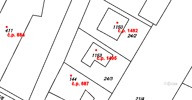 Rudná 1495 na parcele st. 1153 v KÚ Hořelice, Katastrální mapa