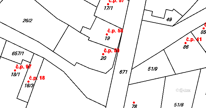 Skoky 59, Dolní Újezd na parcele st. 20 v KÚ Skoky u Staměřic, Katastrální mapa