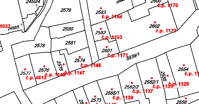 Jihlava 1171 na parcele st. 2601 v KÚ Jihlava, Katastrální mapa