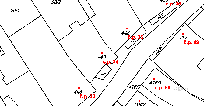 Dambořice 34 na parcele st. 443 v KÚ Dambořice, Katastrální mapa
