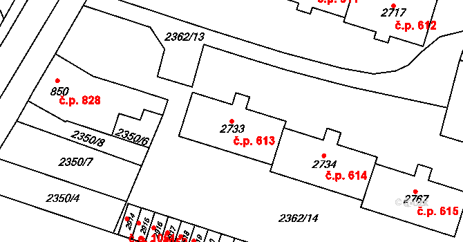 Kyjov 613 na parcele st. 2733 v KÚ Kyjov, Katastrální mapa