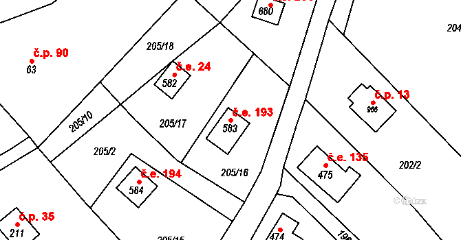 Javorník 193, Čtyřkoly na parcele st. 583 v KÚ Čtyřkoly, Katastrální mapa