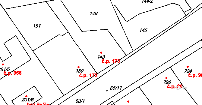 Loděnice 173 na parcele st. 148 v KÚ Loděnice u Berouna, Katastrální mapa