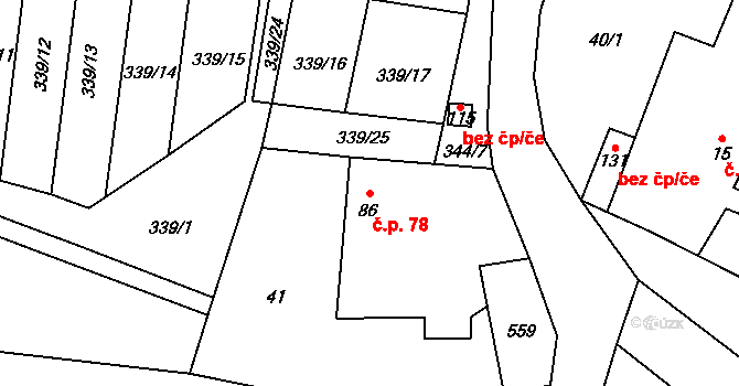 Černouček 78 na parcele st. 86 v KÚ Černouček, Katastrální mapa