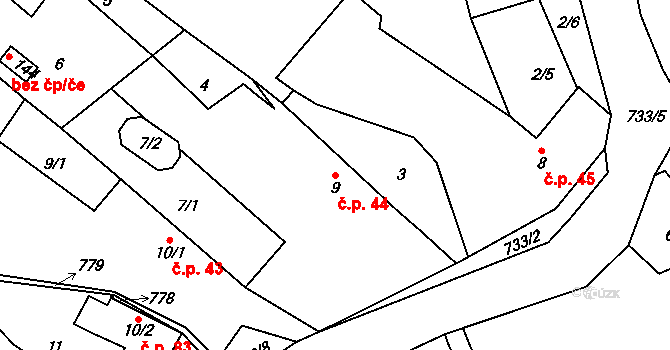 Malíč 44 na parcele st. 9 v KÚ Malíč, Katastrální mapa