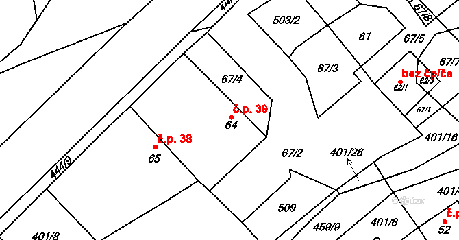 Chotělice 39, Smidary na parcele st. 64 v KÚ Chotělice, Katastrální mapa