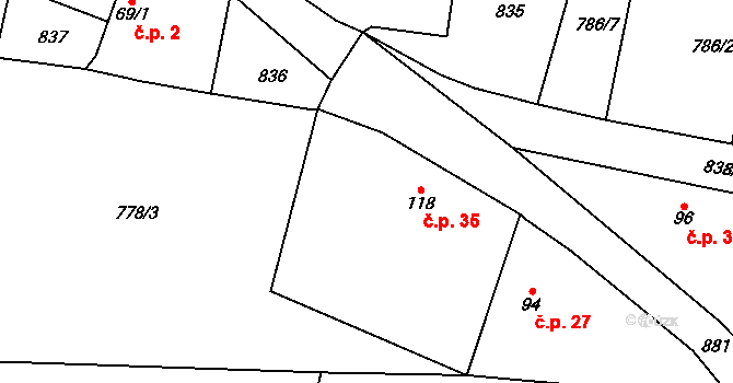 Hubálov 35, Tuř na parcele st. 118 v KÚ Hubálov, Katastrální mapa