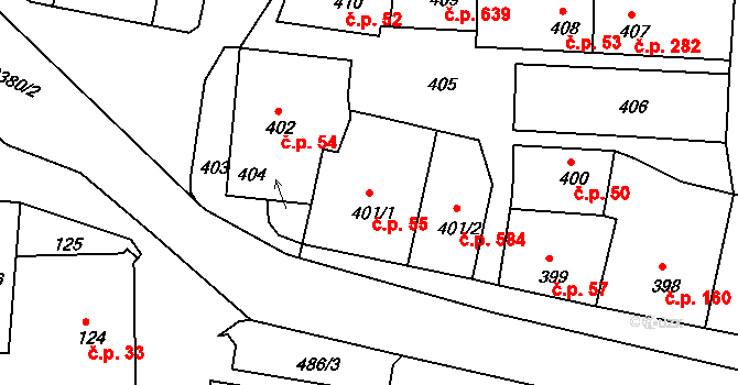 Batelov 55 na parcele st. 401/1 v KÚ Batelov, Katastrální mapa