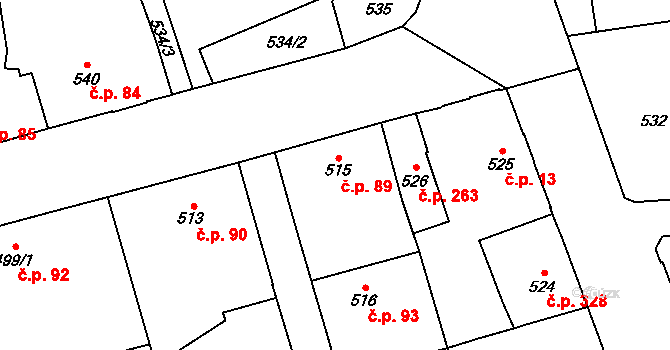 Uhříněves 89, Praha na parcele st. 515 v KÚ Uhříněves, Katastrální mapa