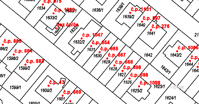 Košíře 665, Praha na parcele st. 1630 v KÚ Košíře, Katastrální mapa