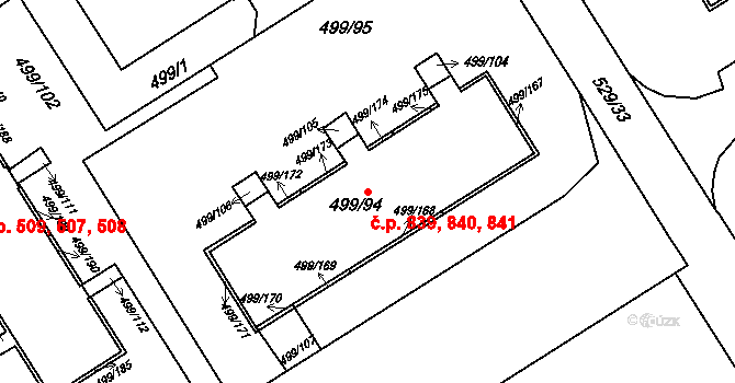 Ráj 839,840,841, Karviná na parcele st. 499/94 v KÚ Ráj, Katastrální mapa
